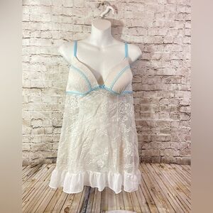lingerie dress lace Large sz cream white w baby blue baby doll sleepwear GUC 👗